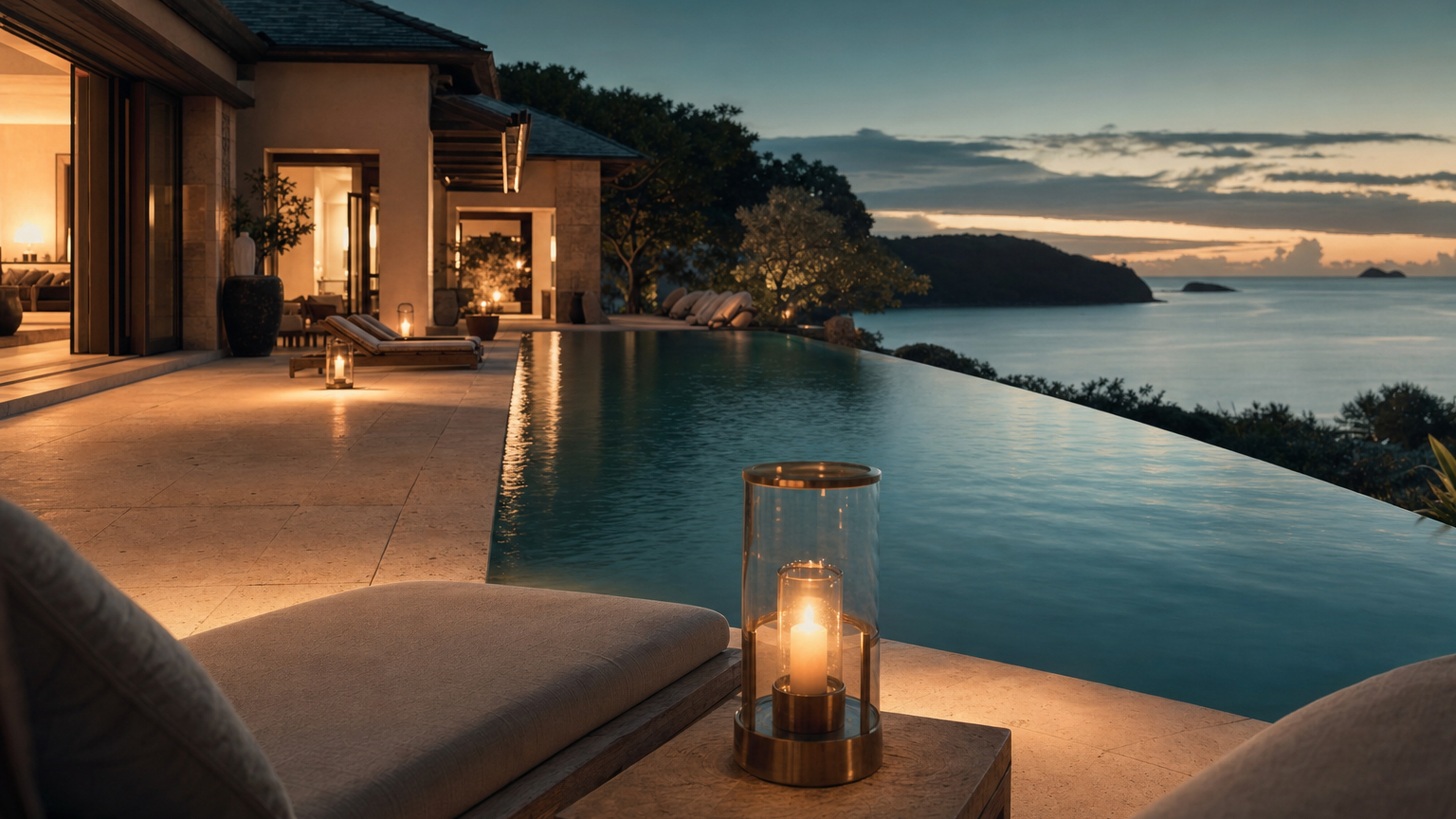 Infinity pool at dusk overlooking the bay