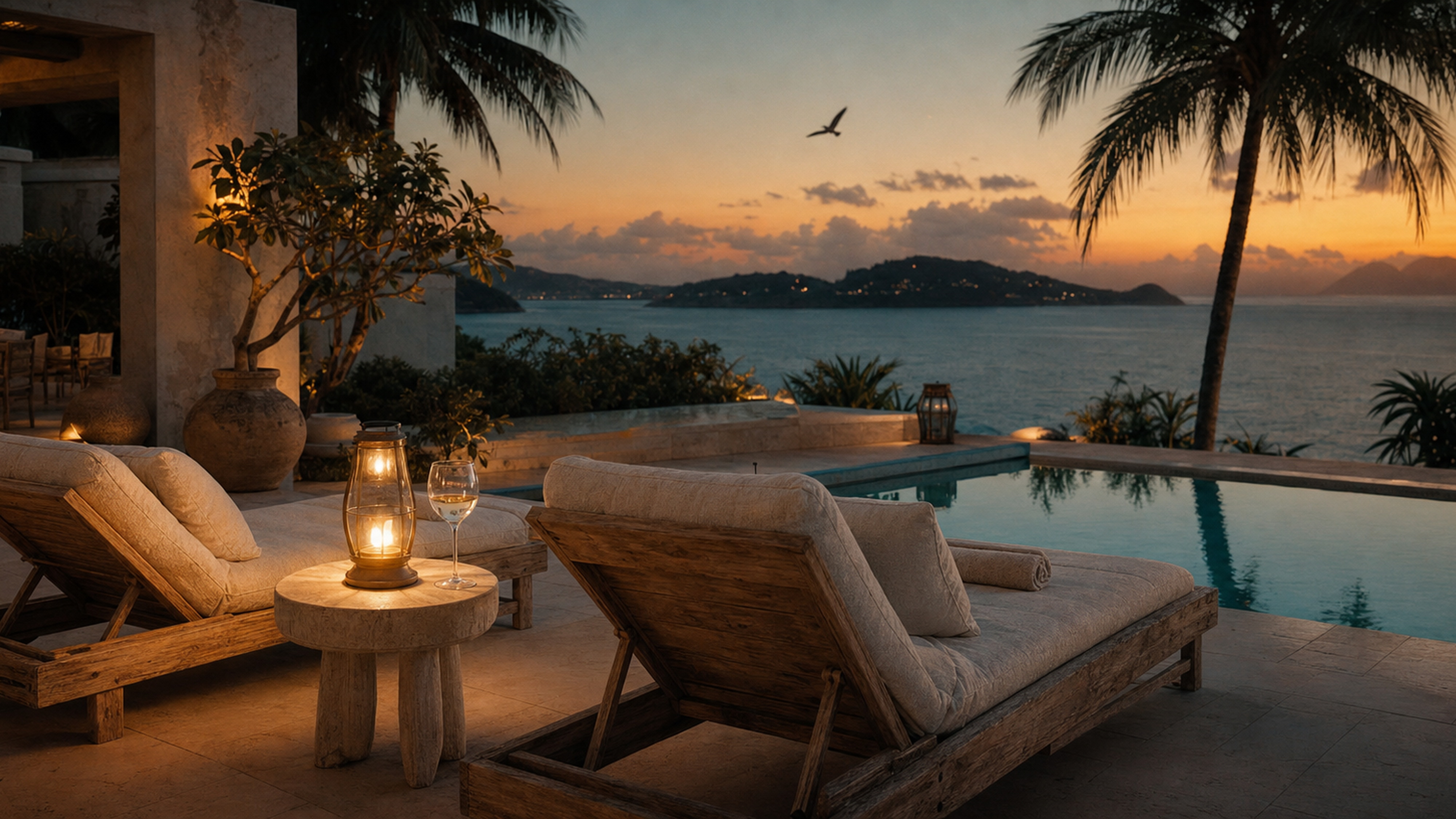 Private terrace and plunge pool at sunset