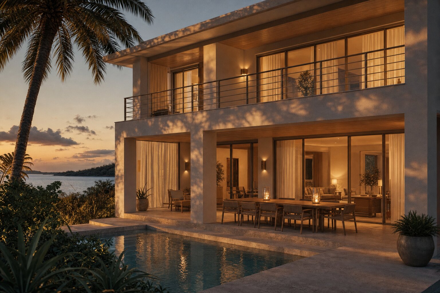 Three-bedroom beachfront villa at golden hour