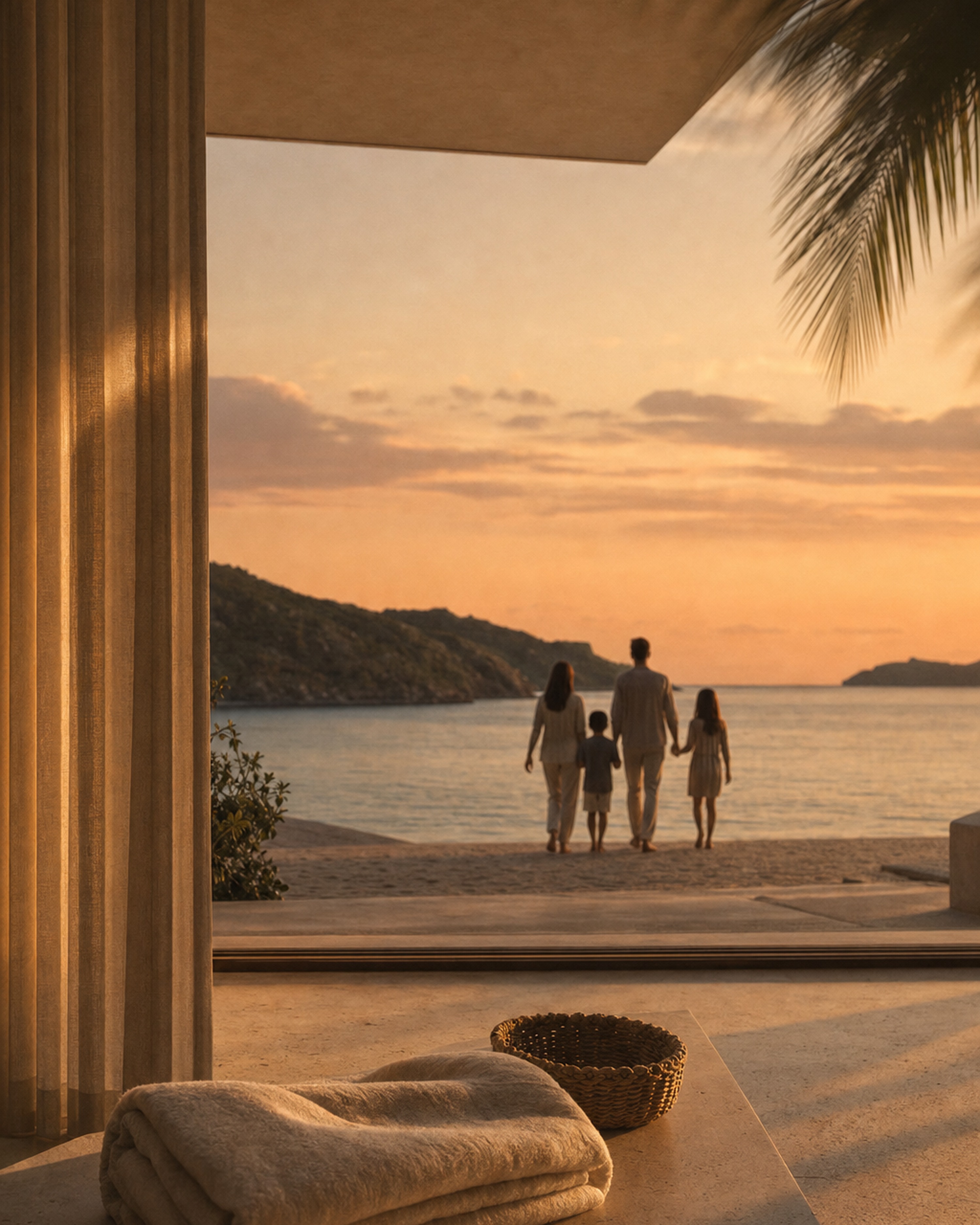 A private Caribbean beach at dawn — footprints in the sand and folded linen towels on a teak bench
