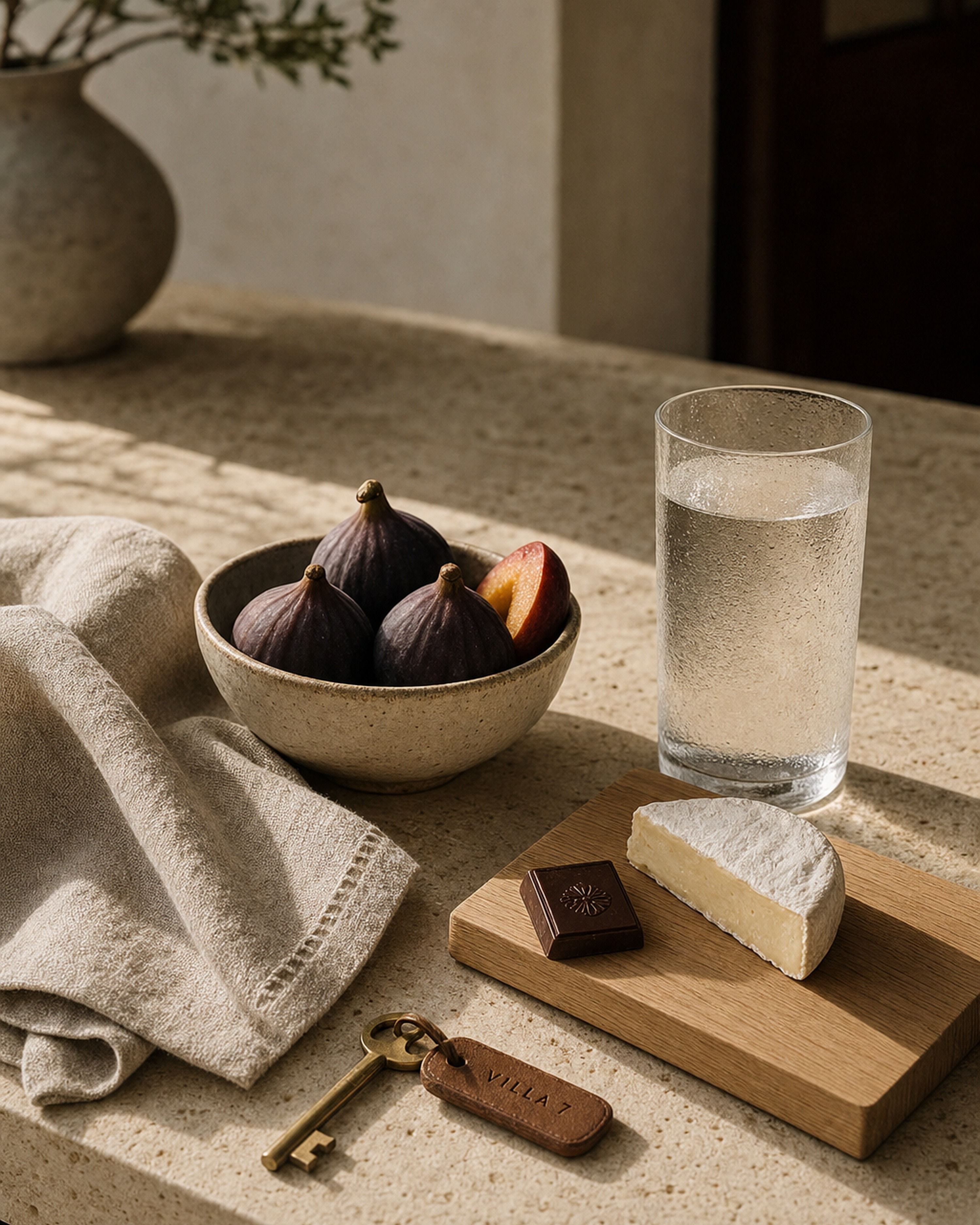 A lifestyle still life on cream travertine — linen, fresh fruit, brass key, glass of water
